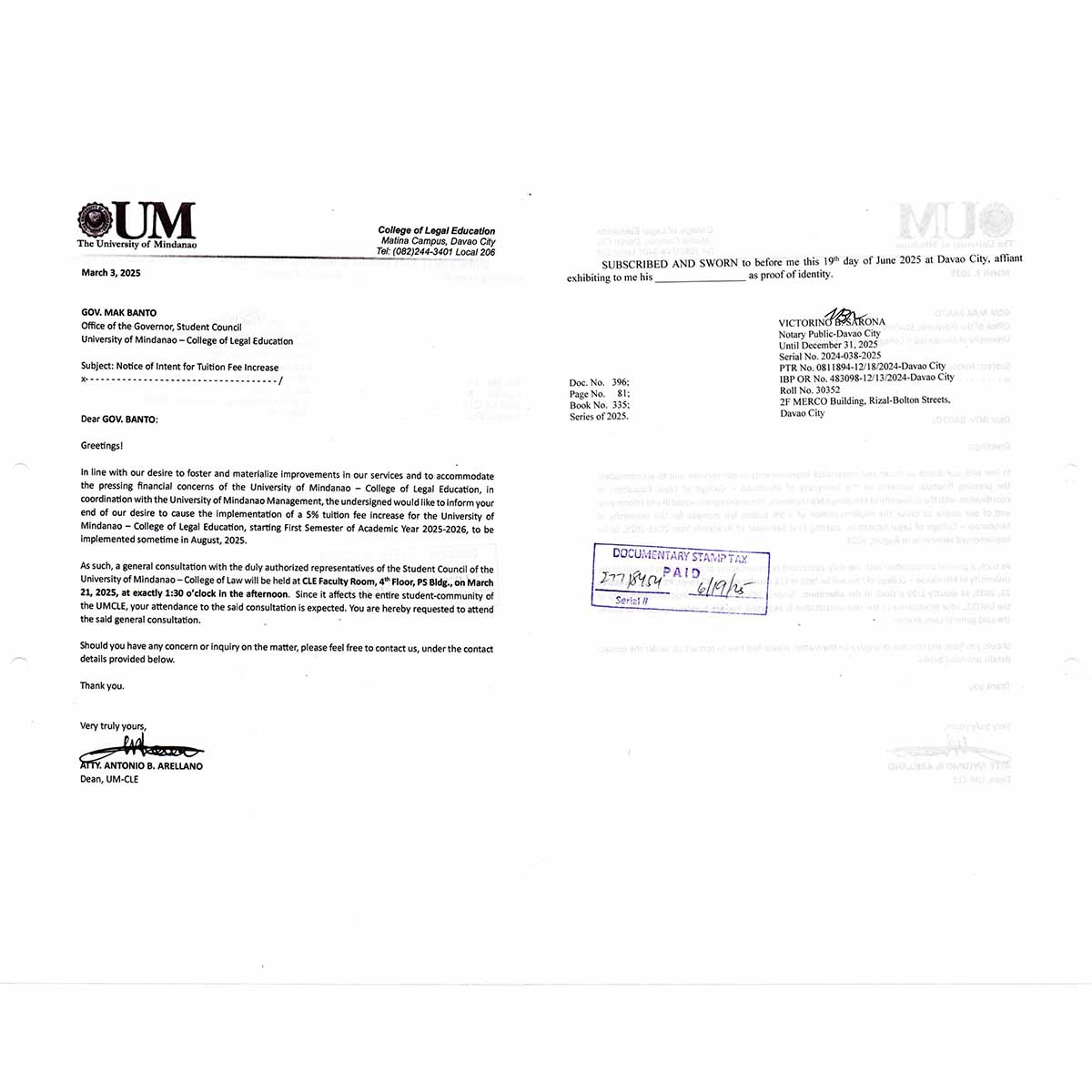 Notice of Intent for Tuition Fee Increase for College of Legal Education - Image 1