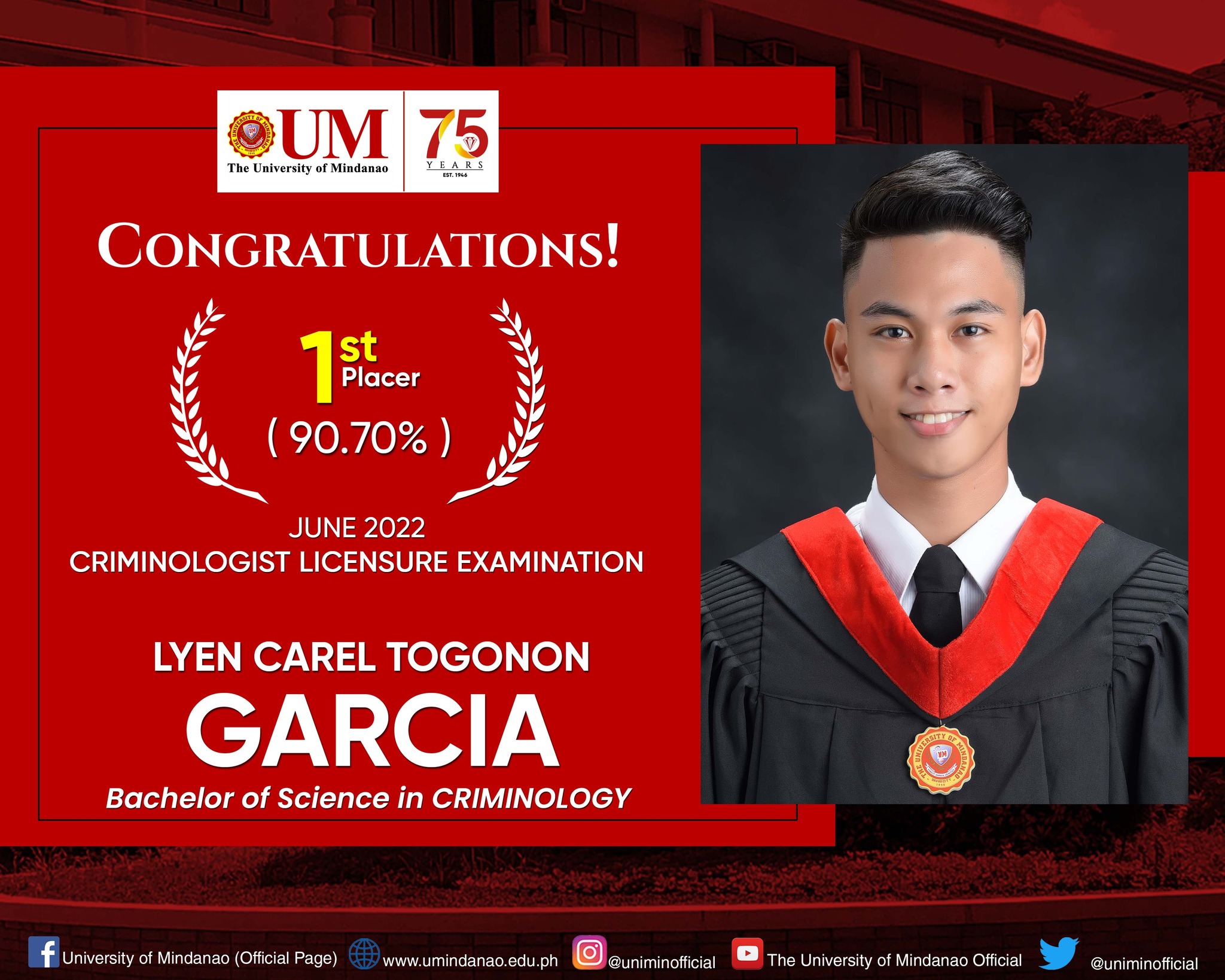 UM posts topnotcher for 2022 Criminologist Licensure Exam
