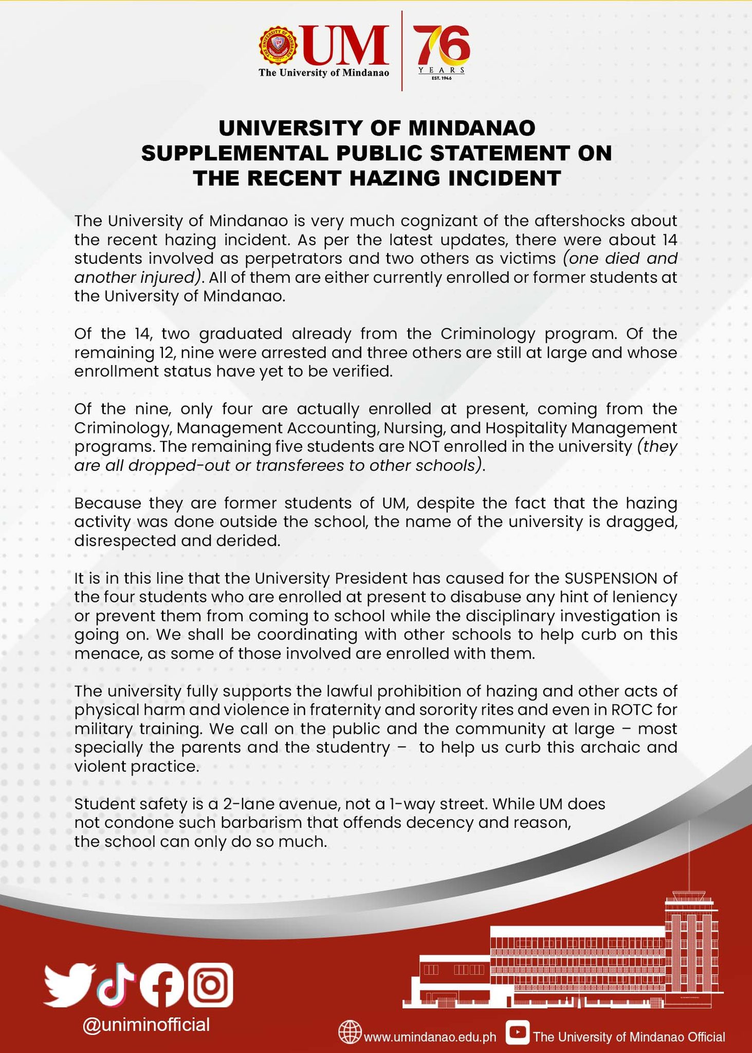 UNIVERSITY STATEMENT: Supplementary to the indignation on hazing