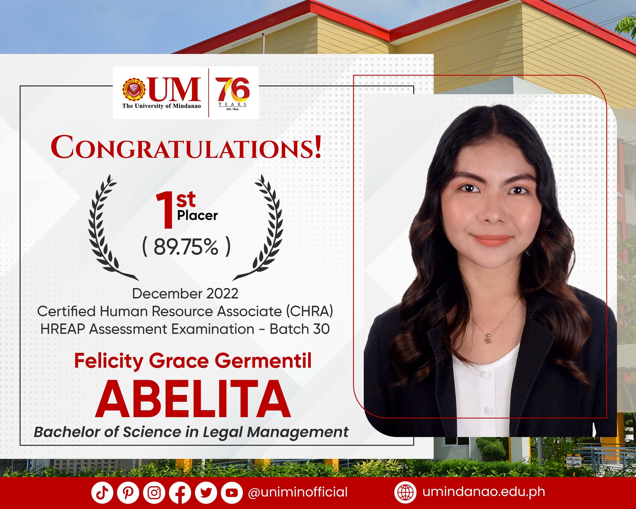 UMian is number one placer in Dec. 2022 CHRA-HREAP Assessment Exam